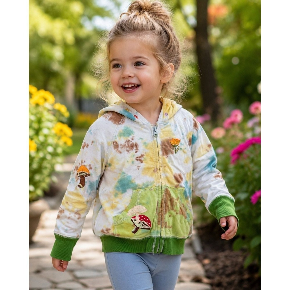 Lucky Brand Girls Tie Dye Zip Hoodie Floral Mushroom Embroidery Size 3 Years